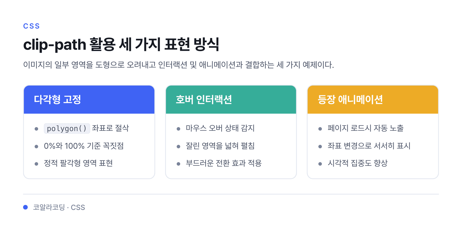 clip-path 활용 세 가지 표현 방식 — 이미지의 일부 영역을 도형으로 오려내고 인터랙션 및 애니메이션과 결합하는 세 가지 예제이다.