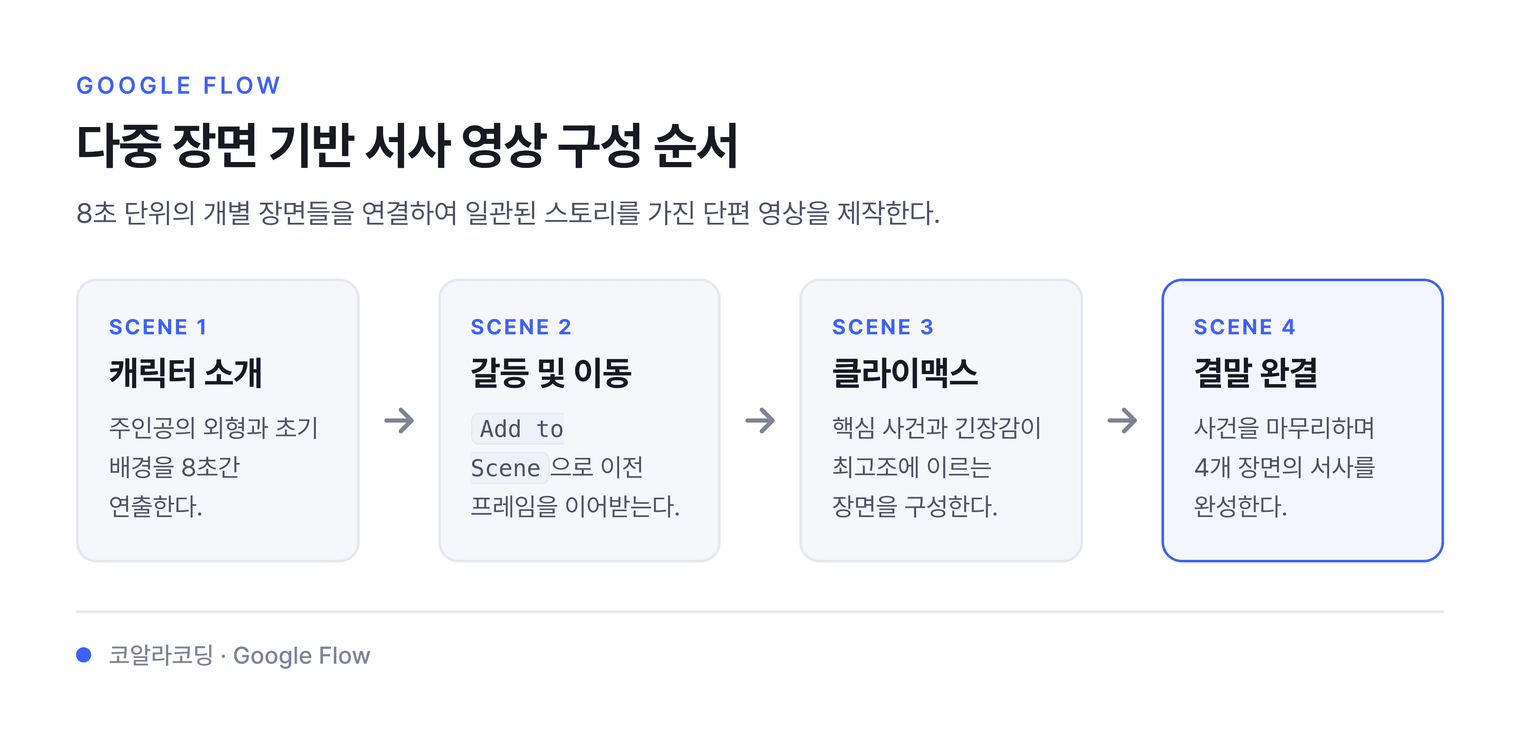 다중 장면 기반 서사 영상 구성 순서 — 8초 단위의 개별 장면들을 연결하여 일관된 스토리를 가진 단편 영상을 제작한다.