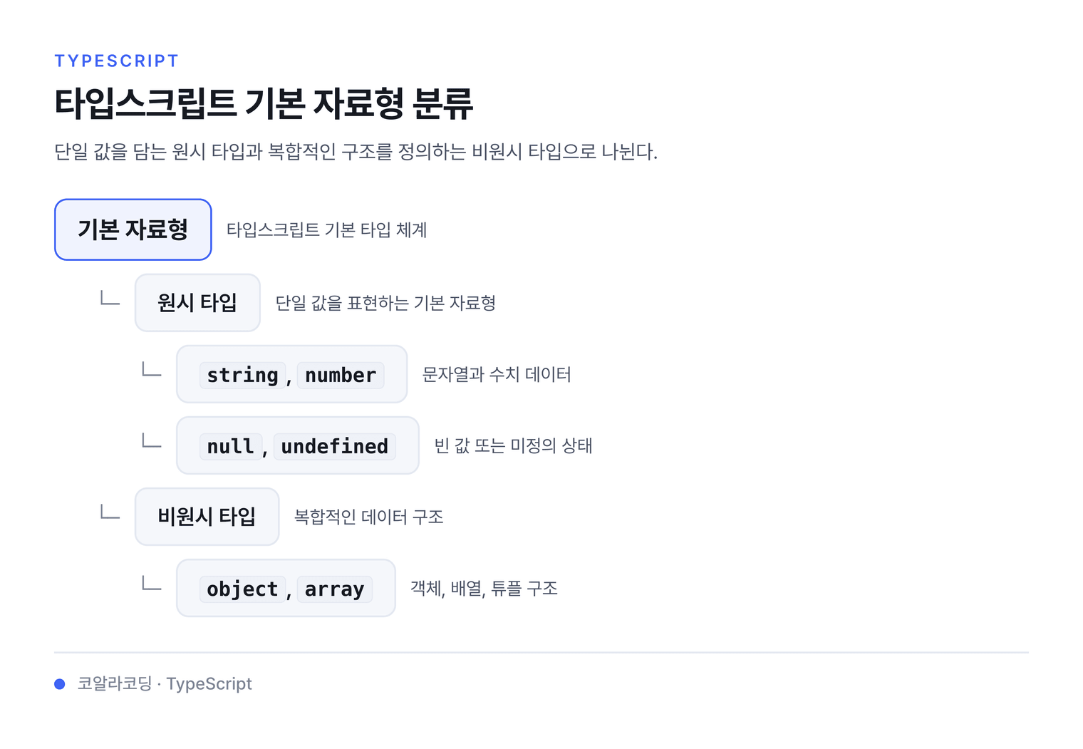 타입스크립트 기본 자료형 분류 — 단일 값을 담는 원시 타입과 복합적인 구조를 정의하는 비원시 타입으로 나뉜다.